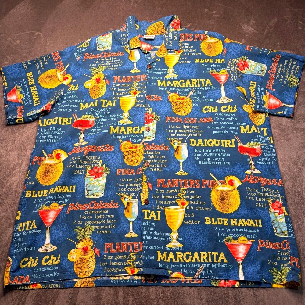Vtg Barefoot in Paradise Hawaiian Shirt Men 4XL Blue Cocktail Recipe Novelty USA